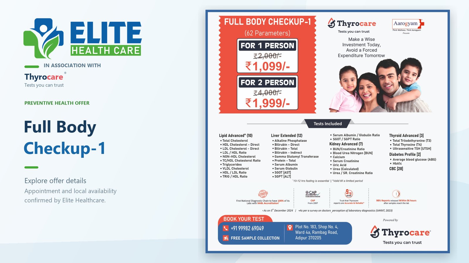 Full Body Checkup-1 landscape offer artwork for Elite Healthcare in association with Thyrocare; full original poster details and Thyrocare branding are preserved.