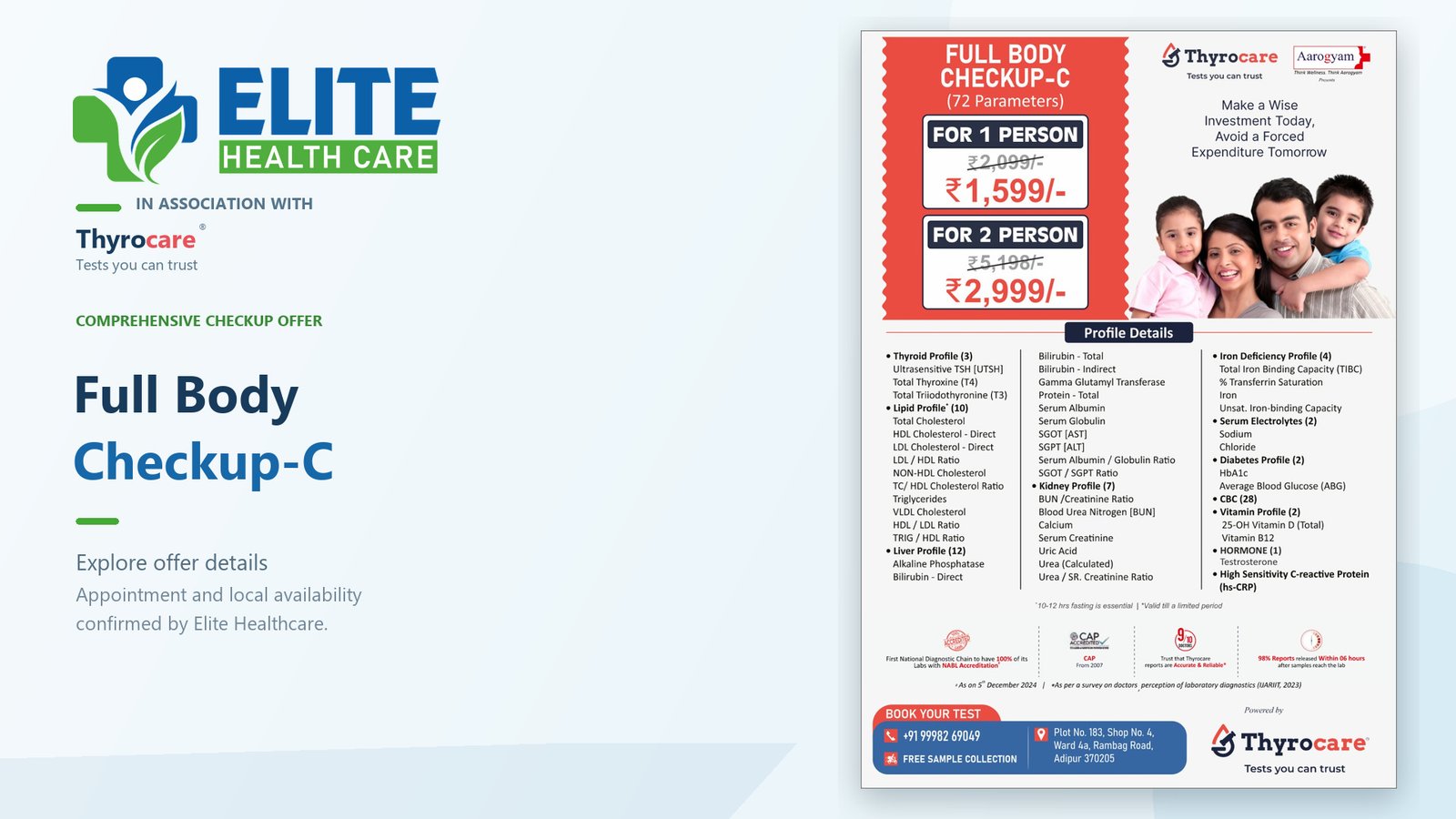 Full Body Checkup-C landscape offer artwork for Elite Healthcare in association with Thyrocare; full original poster details and Thyrocare branding are preserved.