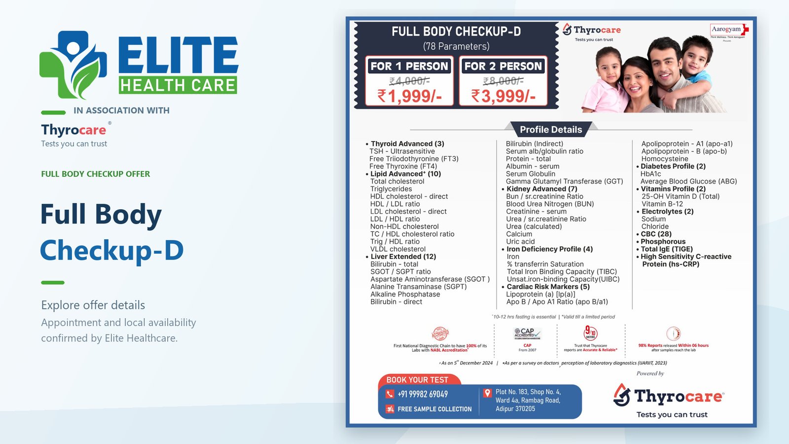 Full Body Checkup-D landscape offer artwork for Elite Healthcare in association with Thyrocare; full original poster details and Thyrocare branding are preserved.